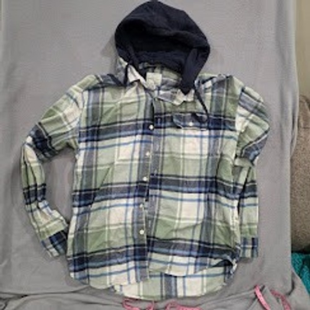 American Eagle Hooded Flannel Shirt Men Medium Green Blue Plaid Super Soft Hoody